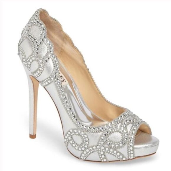 Badgley Mischka Karma Ii Shimmer-suede Pump Platforms Silver Peep-Toe Heels 6.5 - Picture 1 of 10
